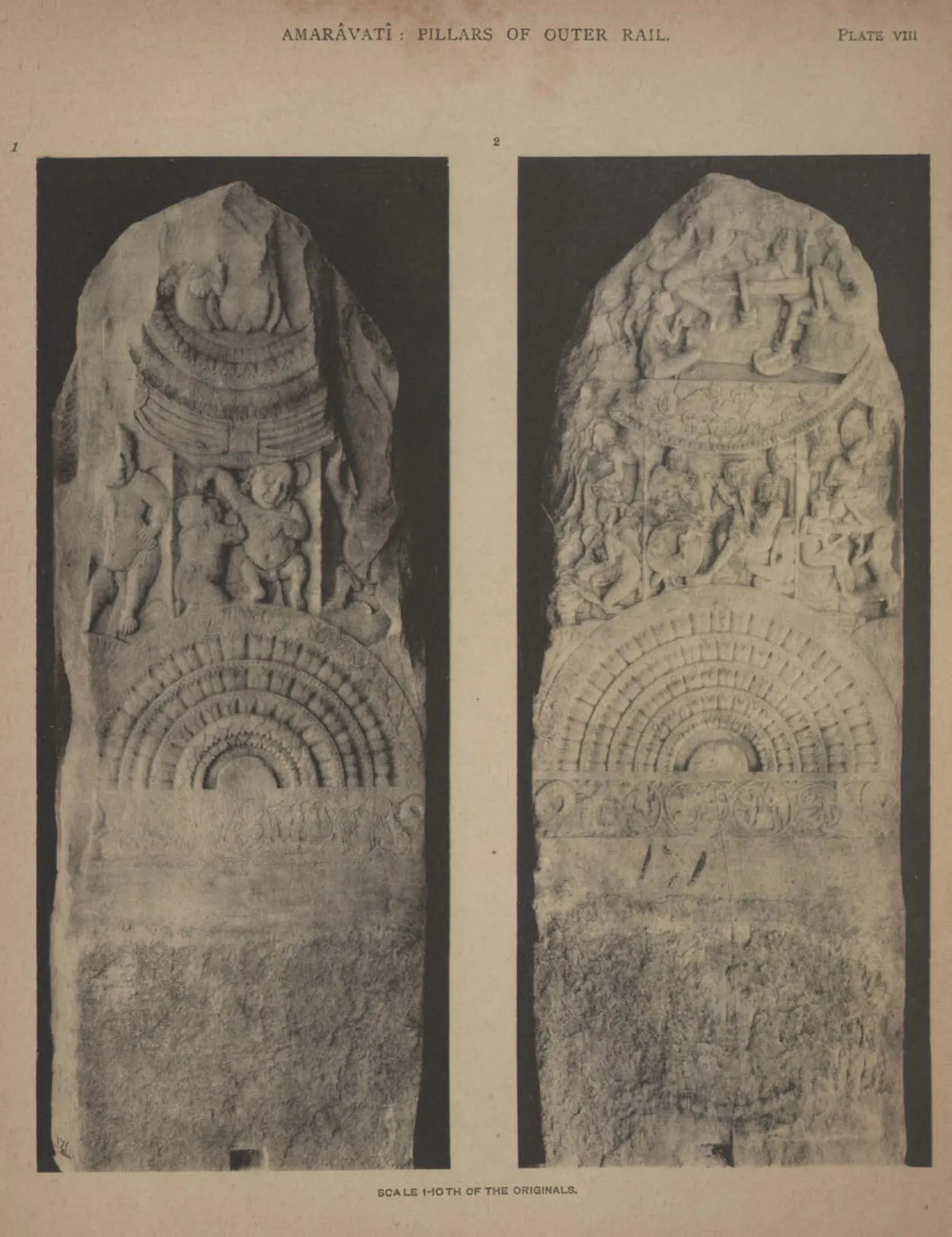 Collotype of two faces of a worn limestone rail pillar with lotus medallions and figure scenes.
