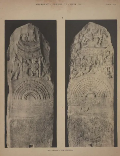 Collotype of two faces of a worn limestone rail pillar with lotus medallions and figure scenes.