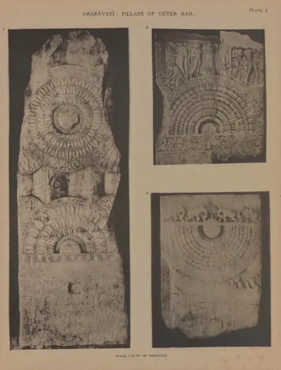 Collotype of a carved rail pillar and two fragments of others, with lotus medallions.