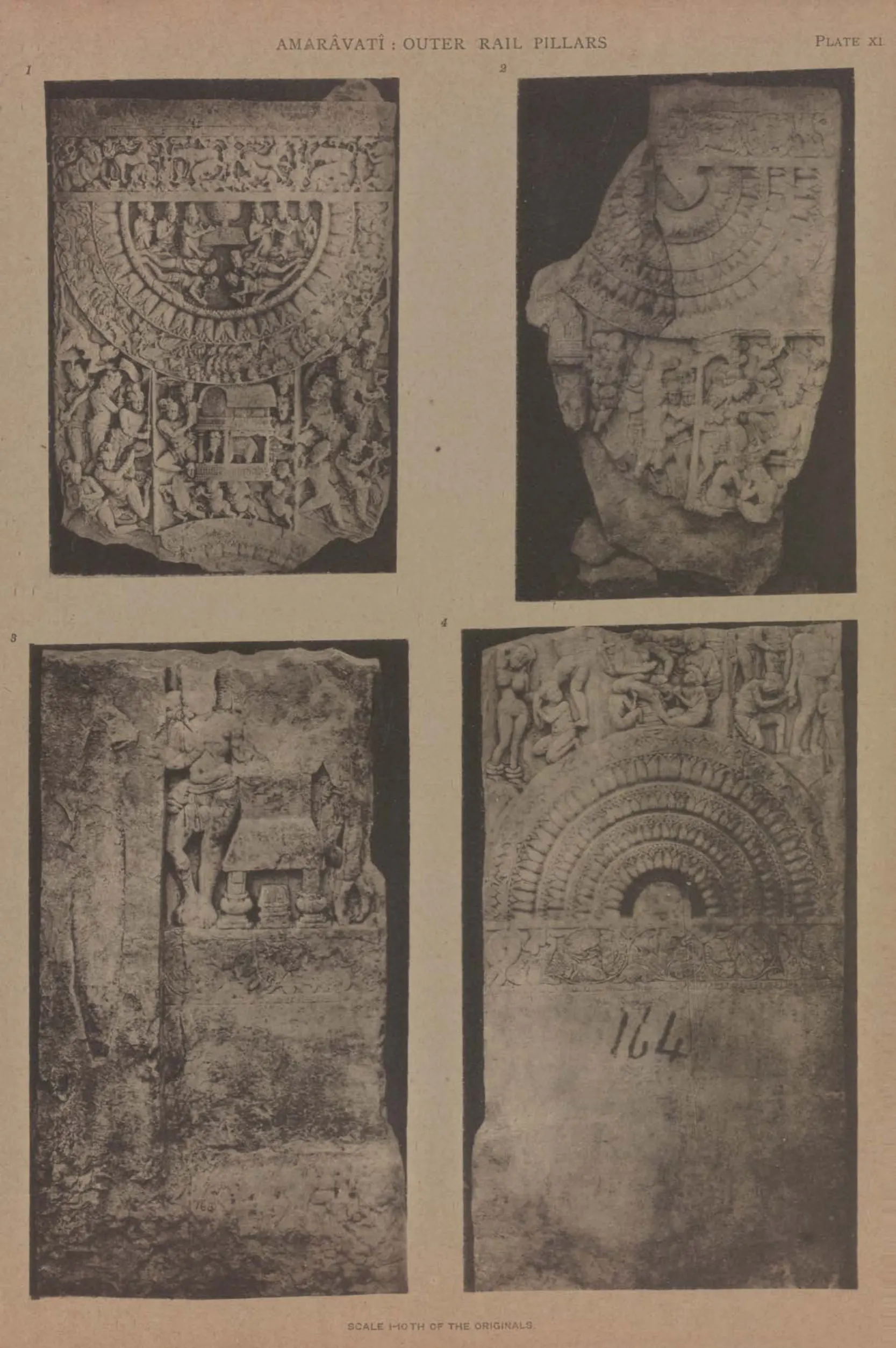 Collotype of four pieces of carved limestone rail pillars with lotus medallions and figure panels.