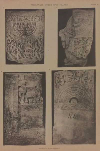 Collotype of four pieces of carved limestone rail pillars with lotus medallions and figure panels.
