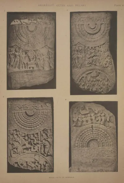 Collotype of four fragments of carved limestone rail pillars.