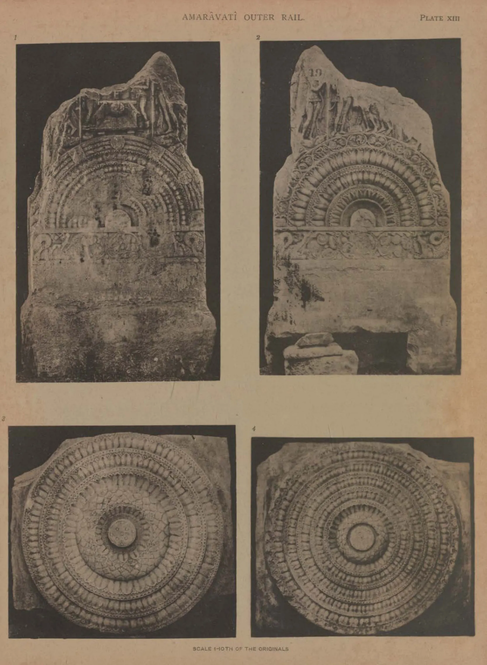 Collotype of the base of a rail pillar and two circular lotus-carved cross-bars.