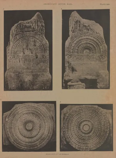Collotype of the base of a rail pillar and two circular lotus-carved cross-bars.