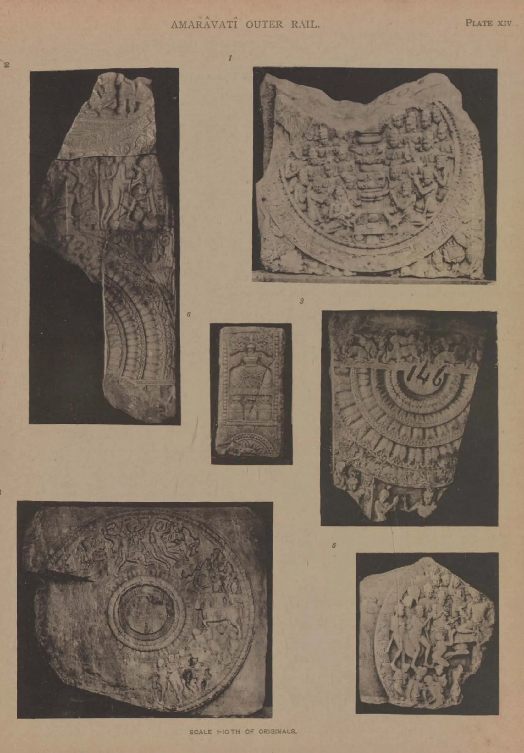 Collotype of several fragments of rail pillars and cross-bars with lotus medallions and reliefs.