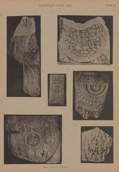 Collotype of several fragments of rail pillars and cross-bars with lotus medallions and reliefs.