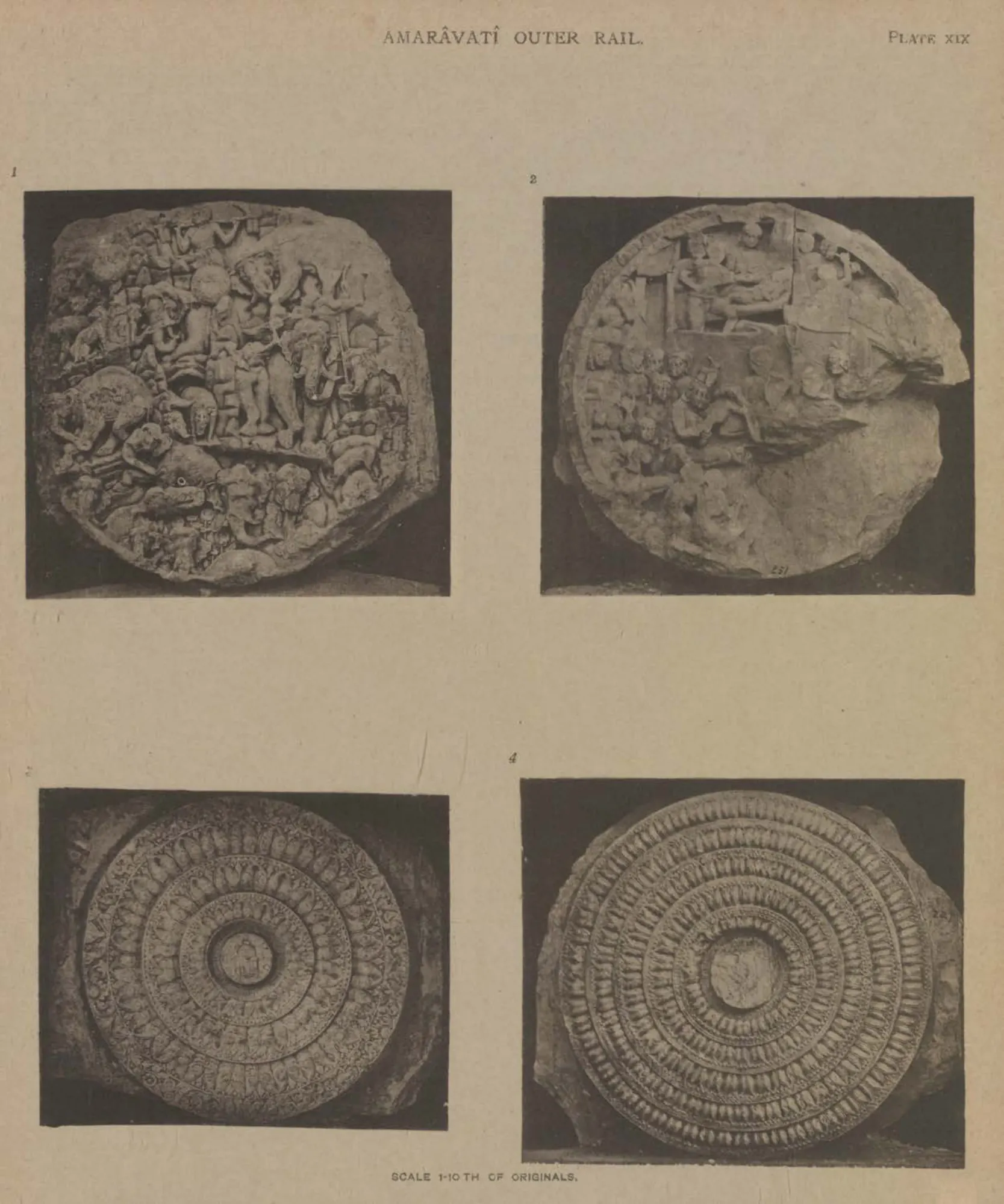 Collotype of four circular cross-bar discs with lotus and figure carving.