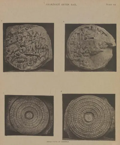 Collotype of four circular cross-bar discs with lotus and figure carving.