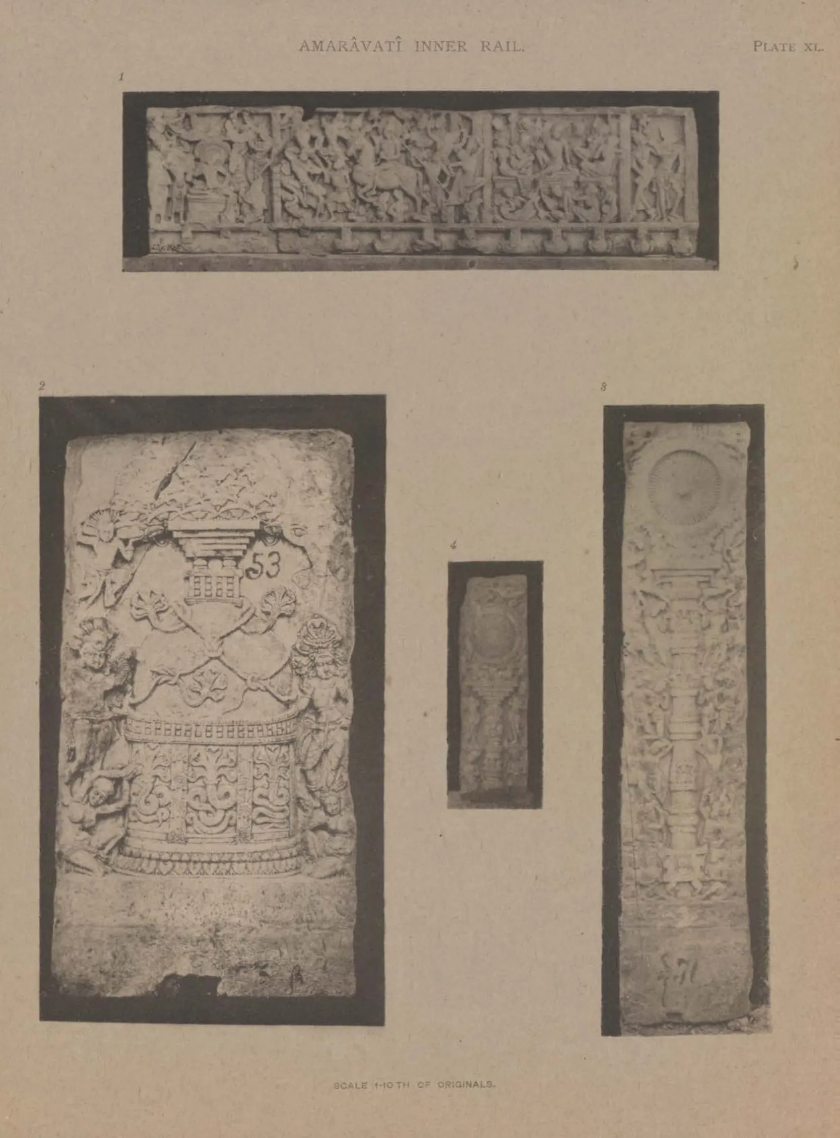Collotype of carved slab fragments, one with a stupa, and two narrow pillars from the inner rail.