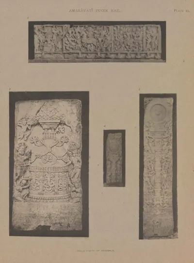 Collotype of carved slab fragments, one with a stupa, and two narrow pillars from the inner rail.