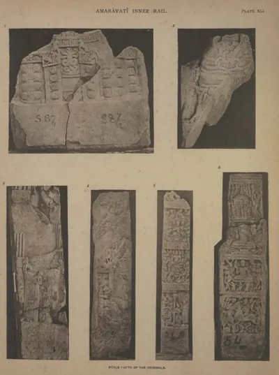 Collotype of fragments of the inner rail including a frieze, a slab with a stupa and a pillar.