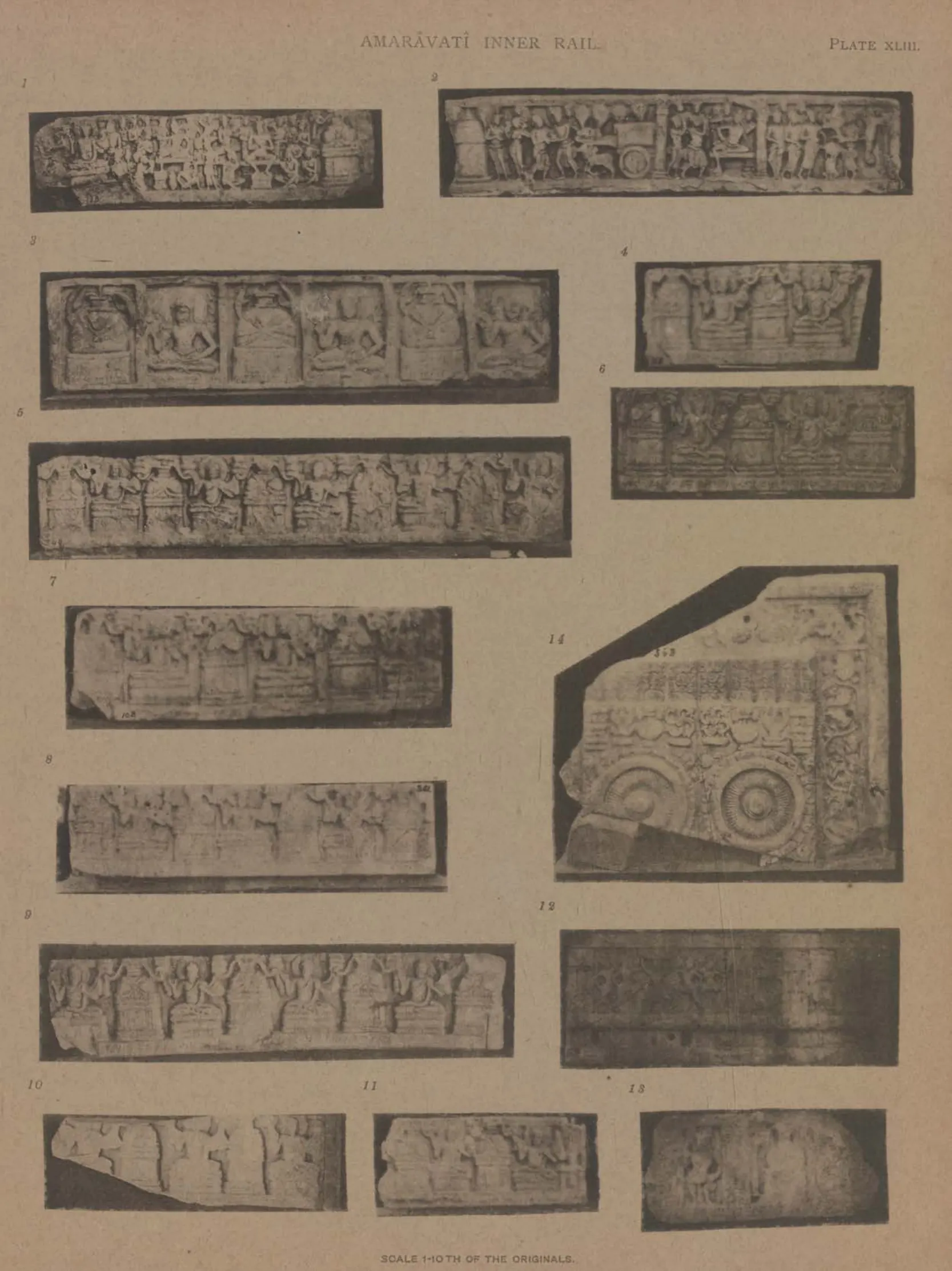 Collotype of many small fragments of an early carved frieze and part of a footprint slab.