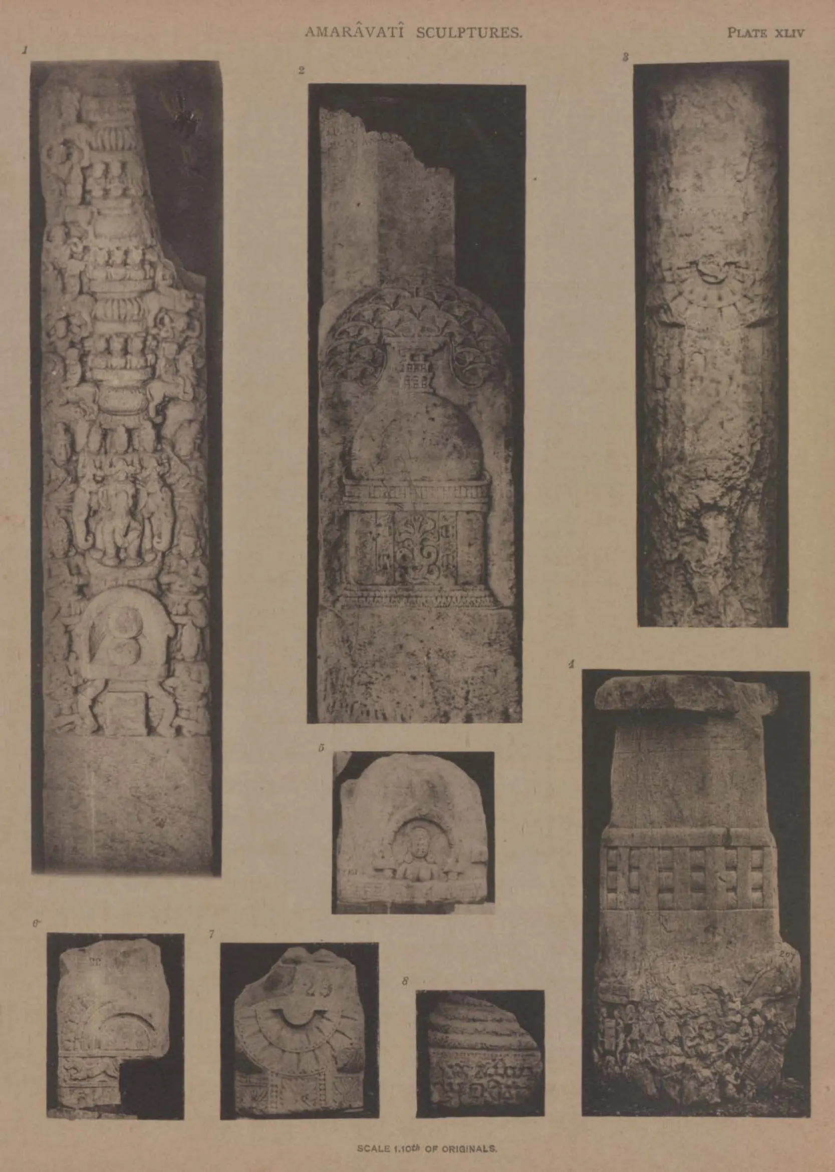 Collotype of carved pillars and smaller sculptured fragments.