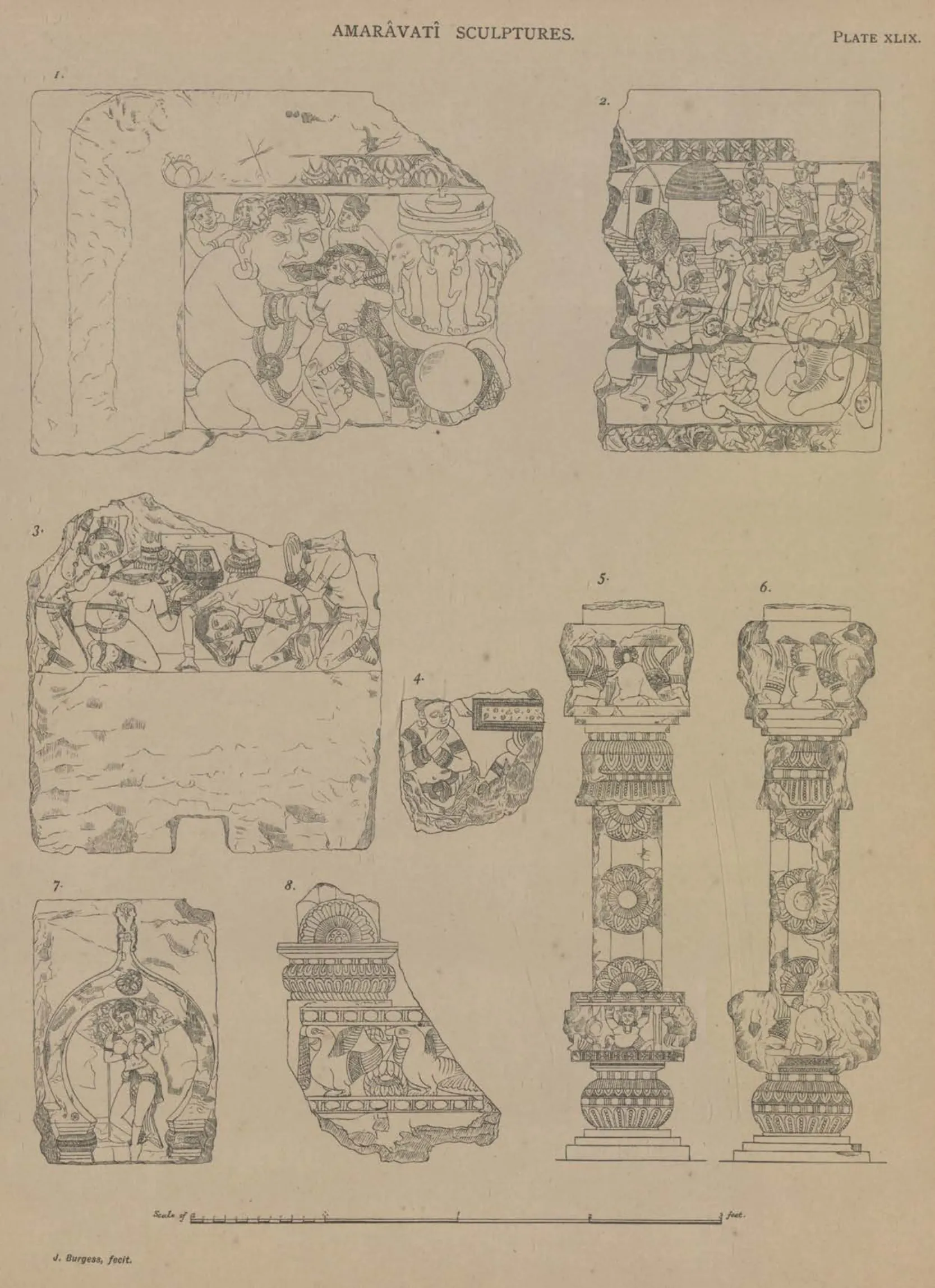 Line drawings of coping pieces, carved pilasters and fragments from Amaravati.