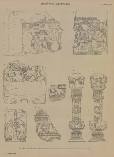 Line drawings of coping pieces, carved pilasters and fragments from Amaravati.