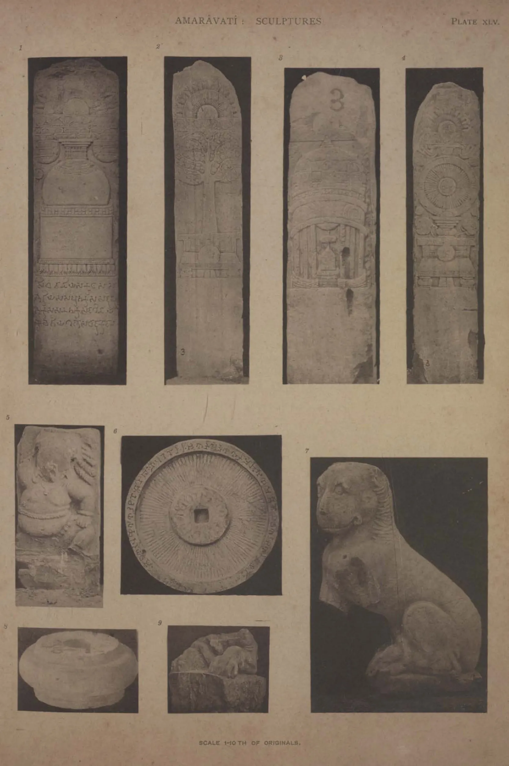 Collotype of plain pillars, a stone umbrella disc and a seated lion figure.