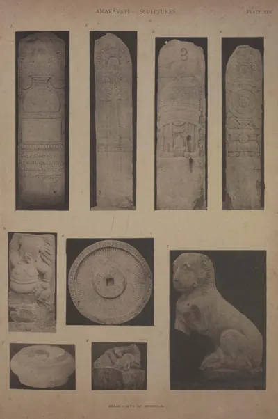 Collotype of plain pillars, a stone umbrella disc and a seated lion figure.
