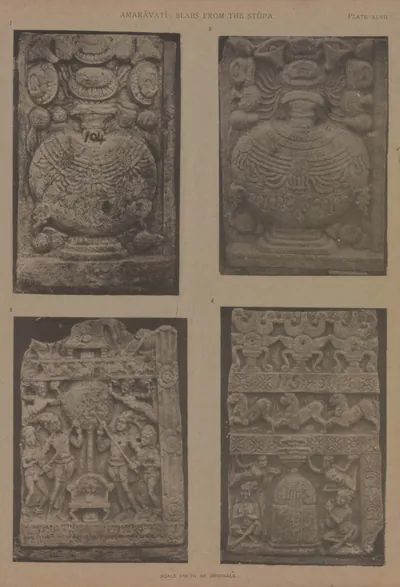 Collotype of four slabs from the stupa carved with stupas and figures.
