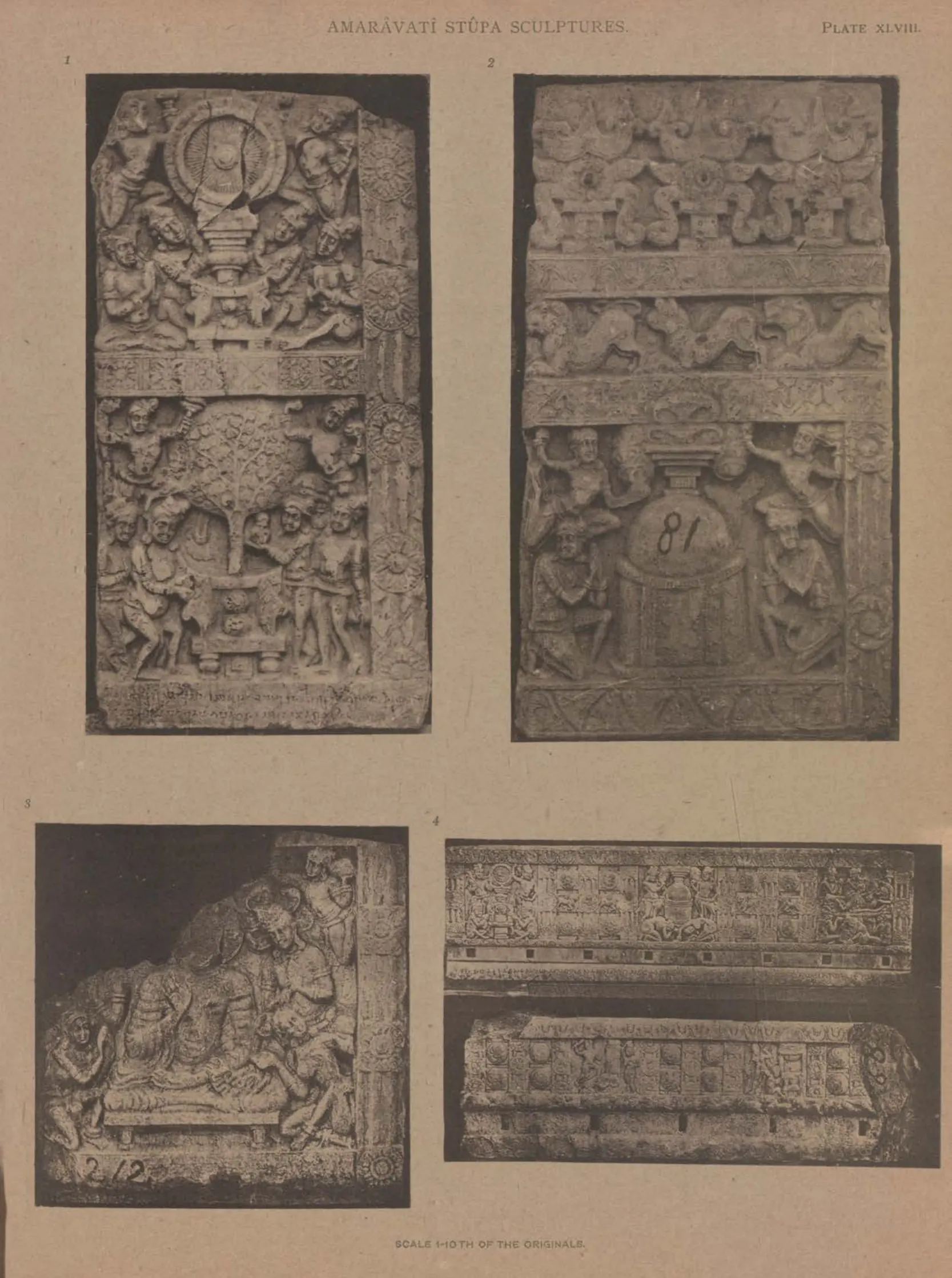 Collotype of three carved slabs and two frieze fragments.