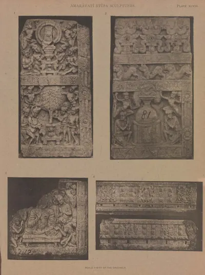 Collotype of three carved slabs and two frieze fragments.