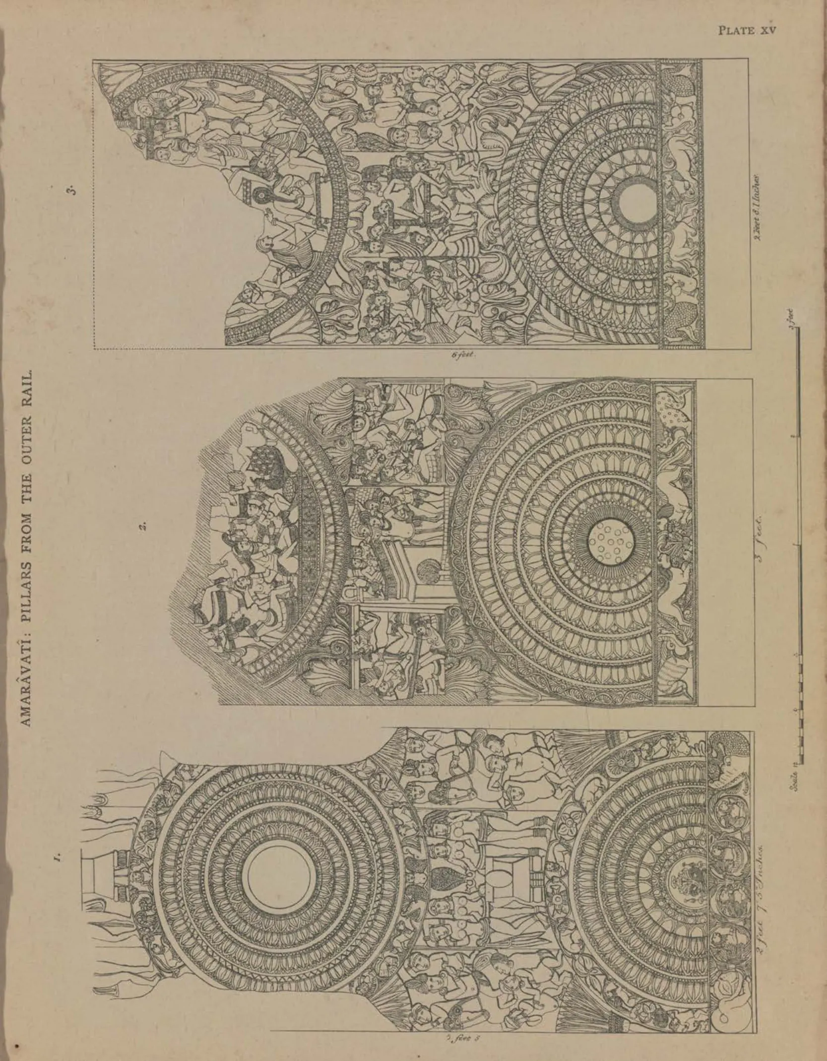 Line drawing of three carved rail pillars with lotus medallions and dense figure scenes.