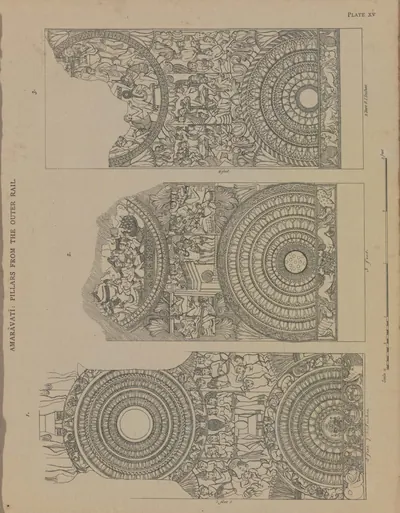 Line drawing of three carved rail pillars with lotus medallions and dense figure scenes.