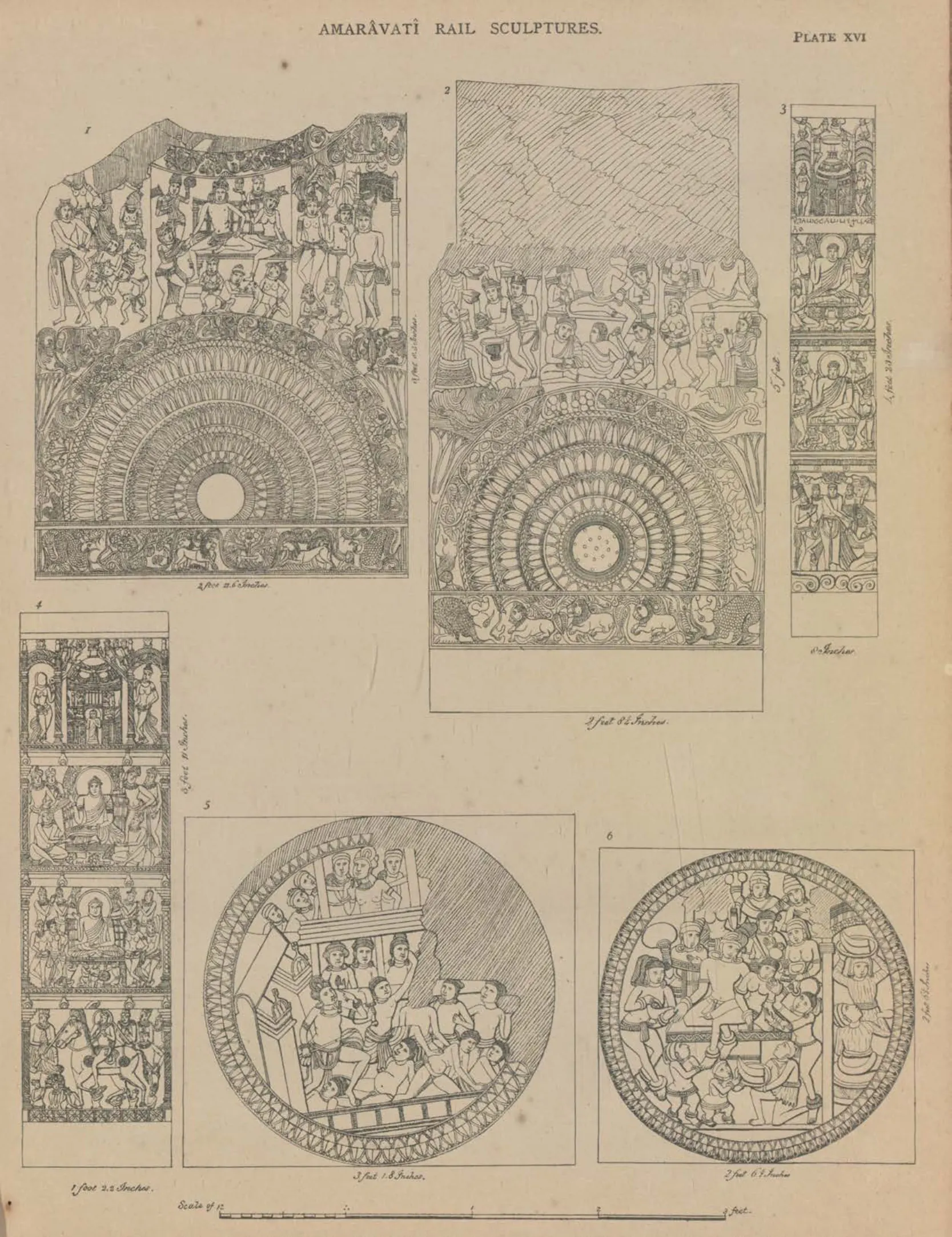 Line drawings of rail pillars and two circular cross-bar medallions with crowded figure scenes.