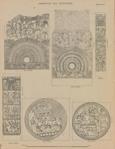 Line drawings of rail pillars and two circular cross-bar medallions with crowded figure scenes.