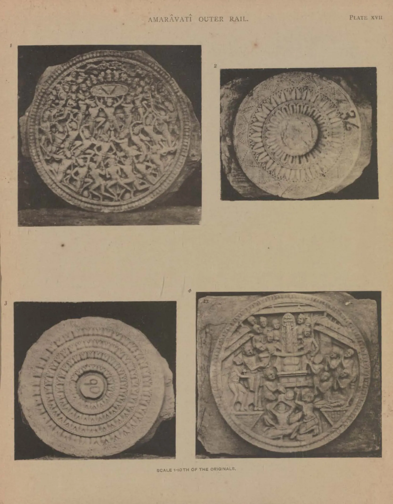 Collotype of four circular cross-bar discs, carved with lotus patterns and figure scenes.