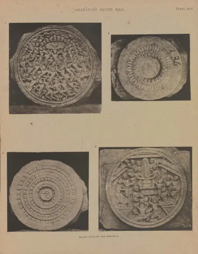 Collotype of four circular cross-bar discs, carved with lotus patterns and figure scenes.