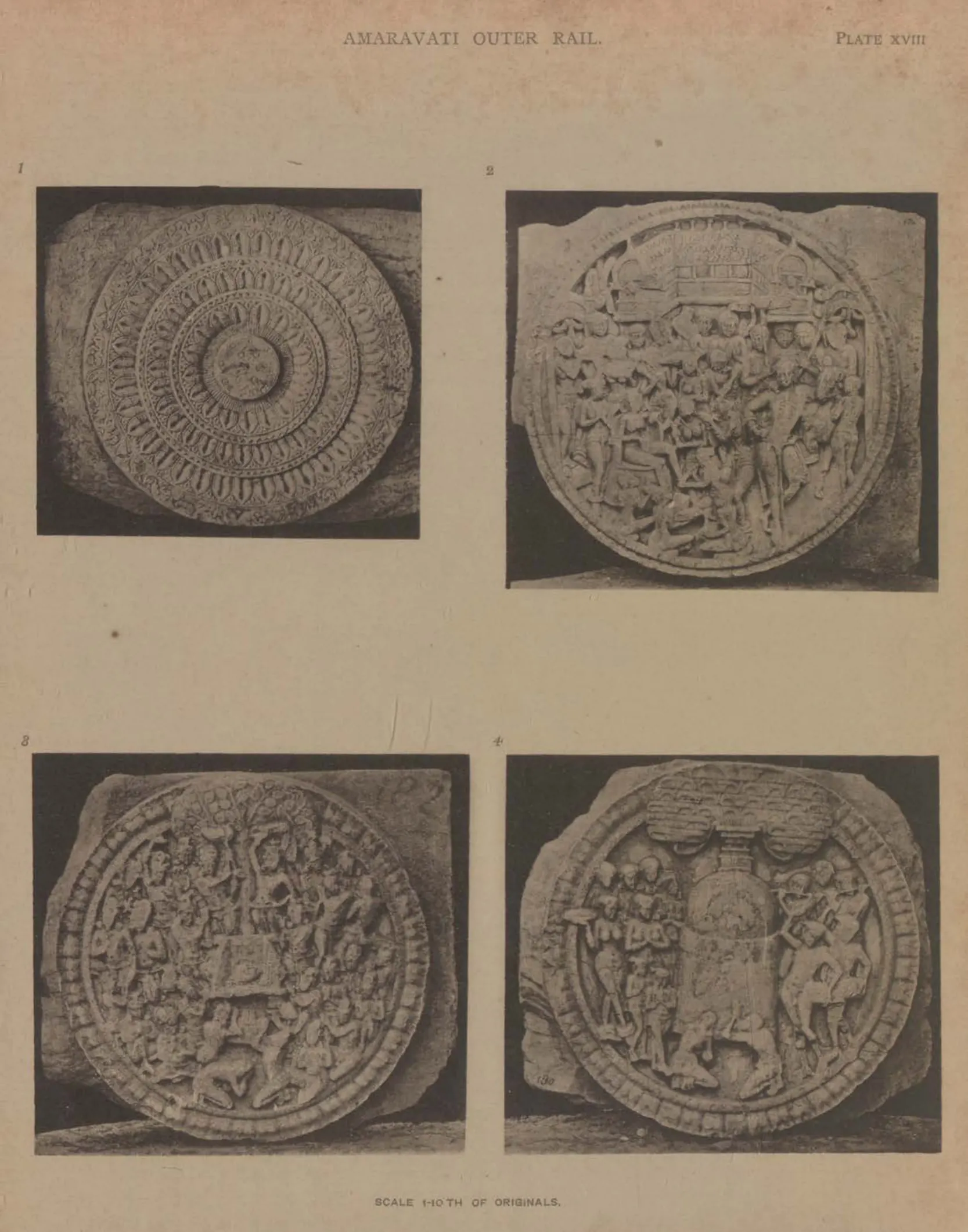 Collotype of four circular cross-bar discs carved with lotus patterns and narrative scenes.