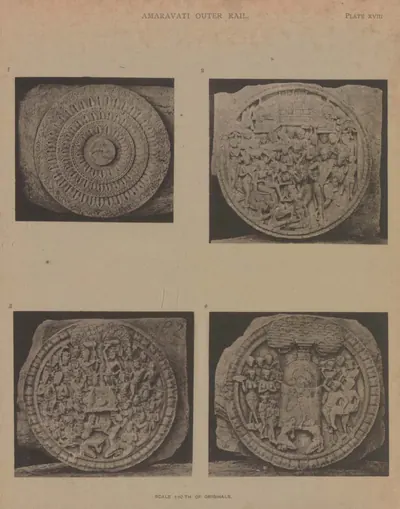 Collotype of four circular cross-bar discs carved with lotus patterns and narrative scenes.