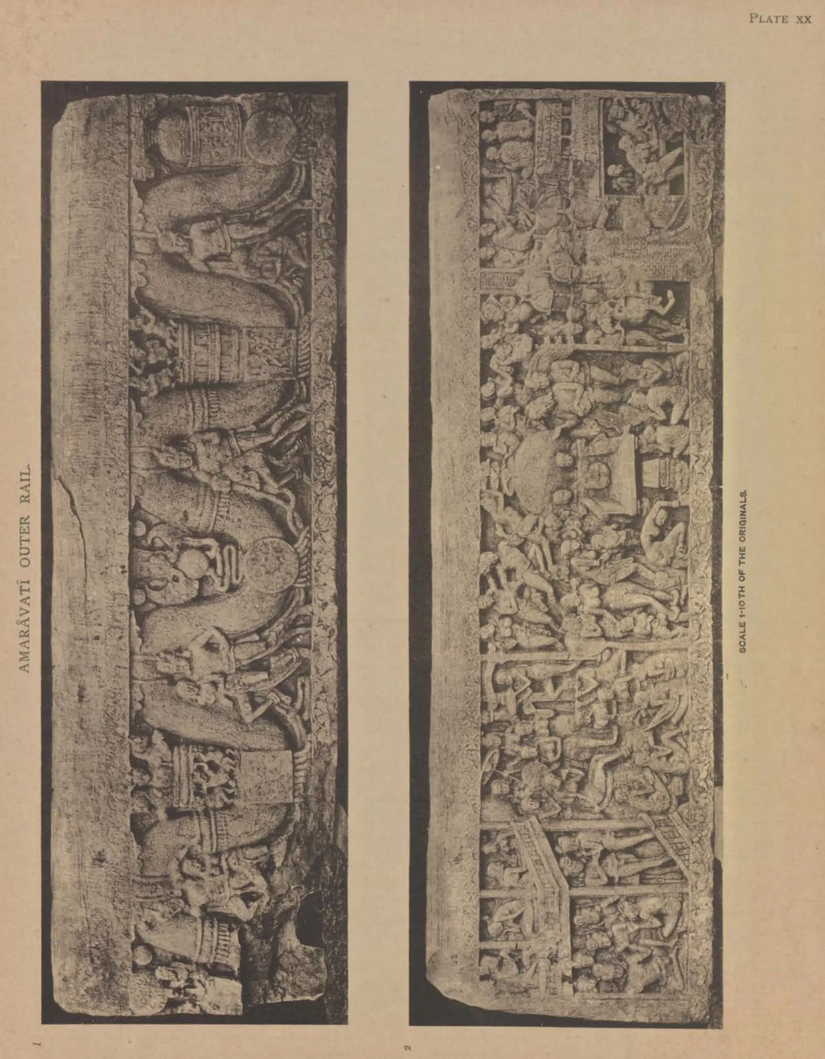 Collotype of both faces of a long rail coping-stone carved with a garland carried by figures and with narrative scenes.