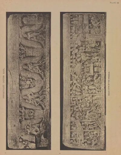 Collotype of both faces of a long rail coping-stone carved with a garland carried by figures and with narrative scenes.