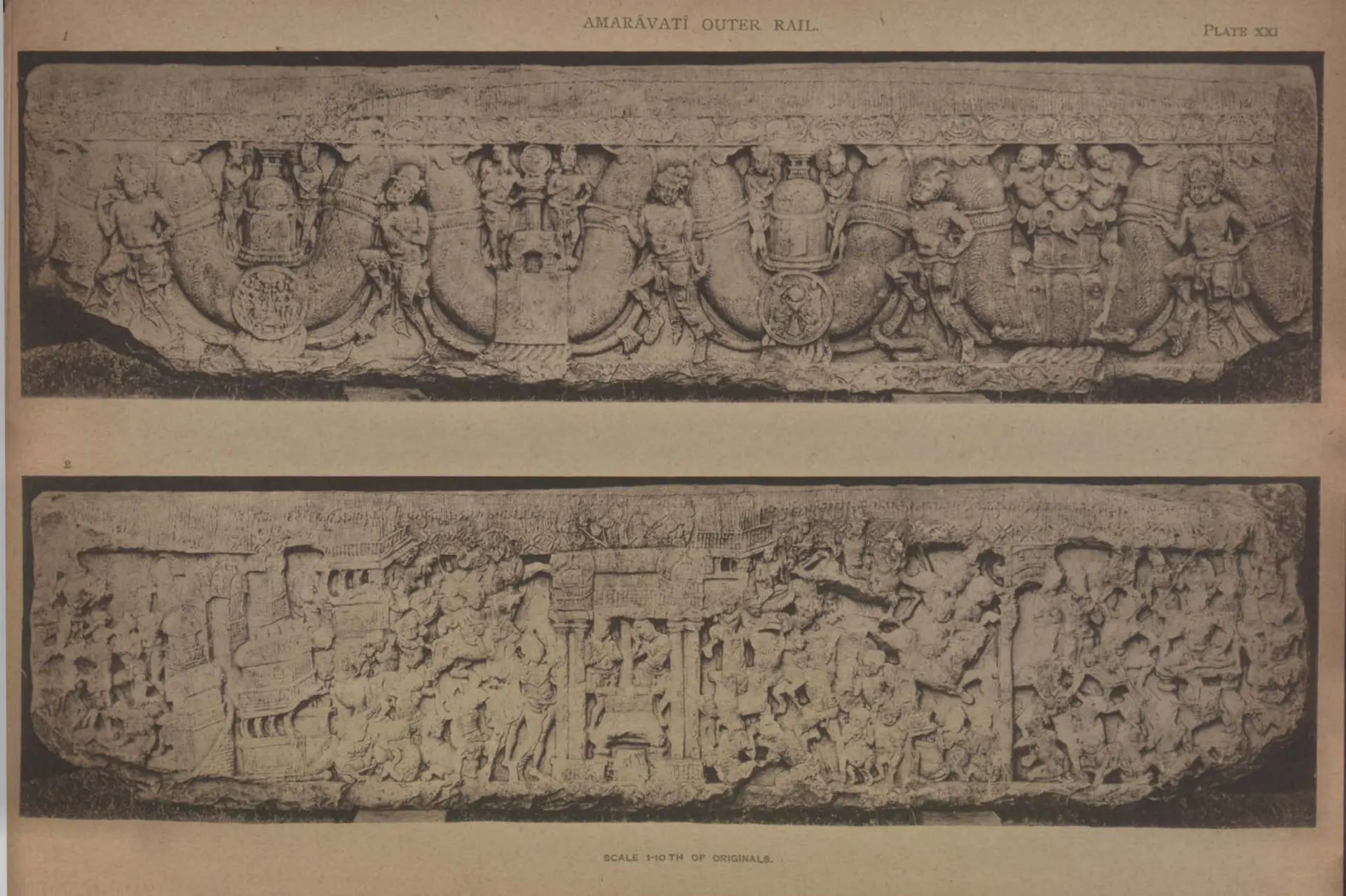 Collotype of both faces of a long carved rail coping-stone.