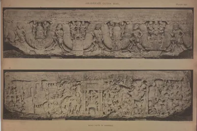 Collotype of both faces of a long carved rail coping-stone.