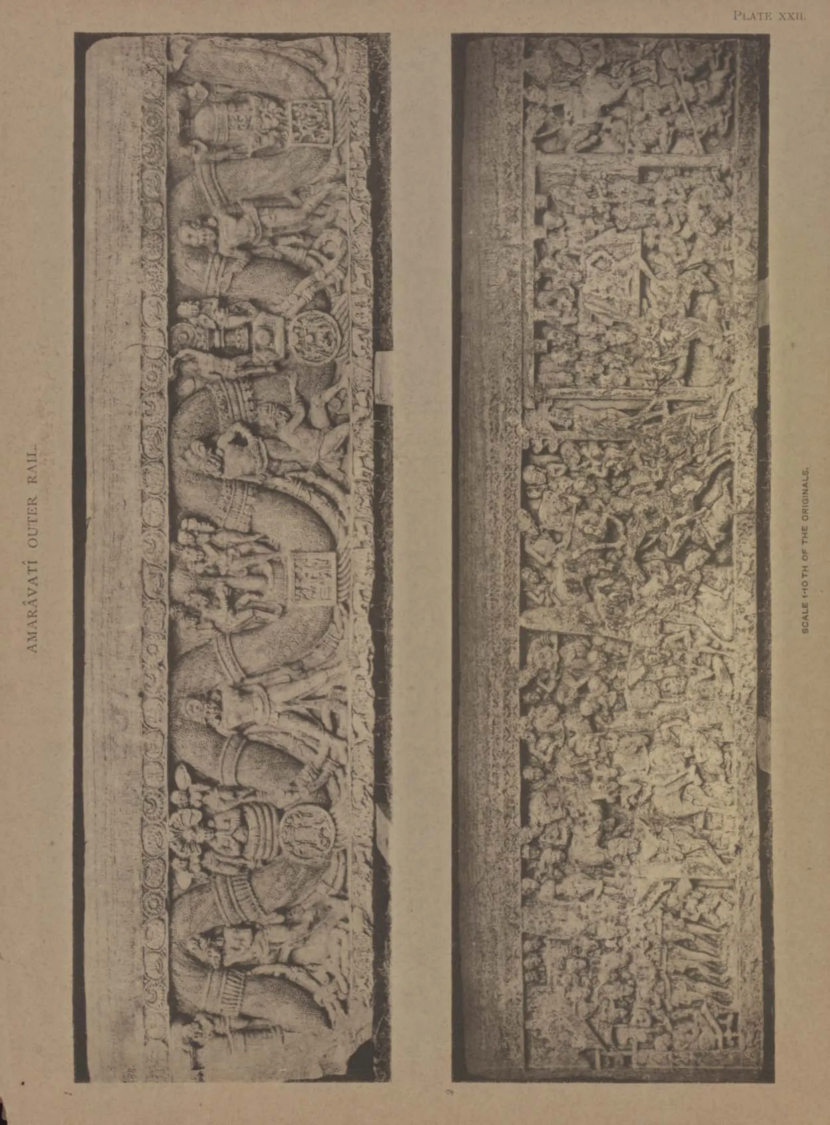 Collotype of both faces of a long carved rail coping-stone with figures and garland.