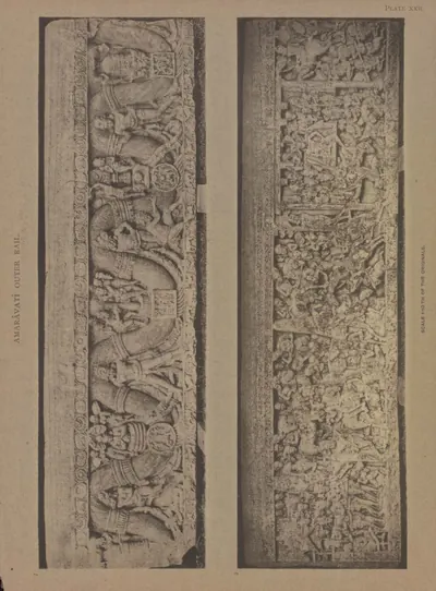 Collotype of both faces of a long carved rail coping-stone with figures and garland.
