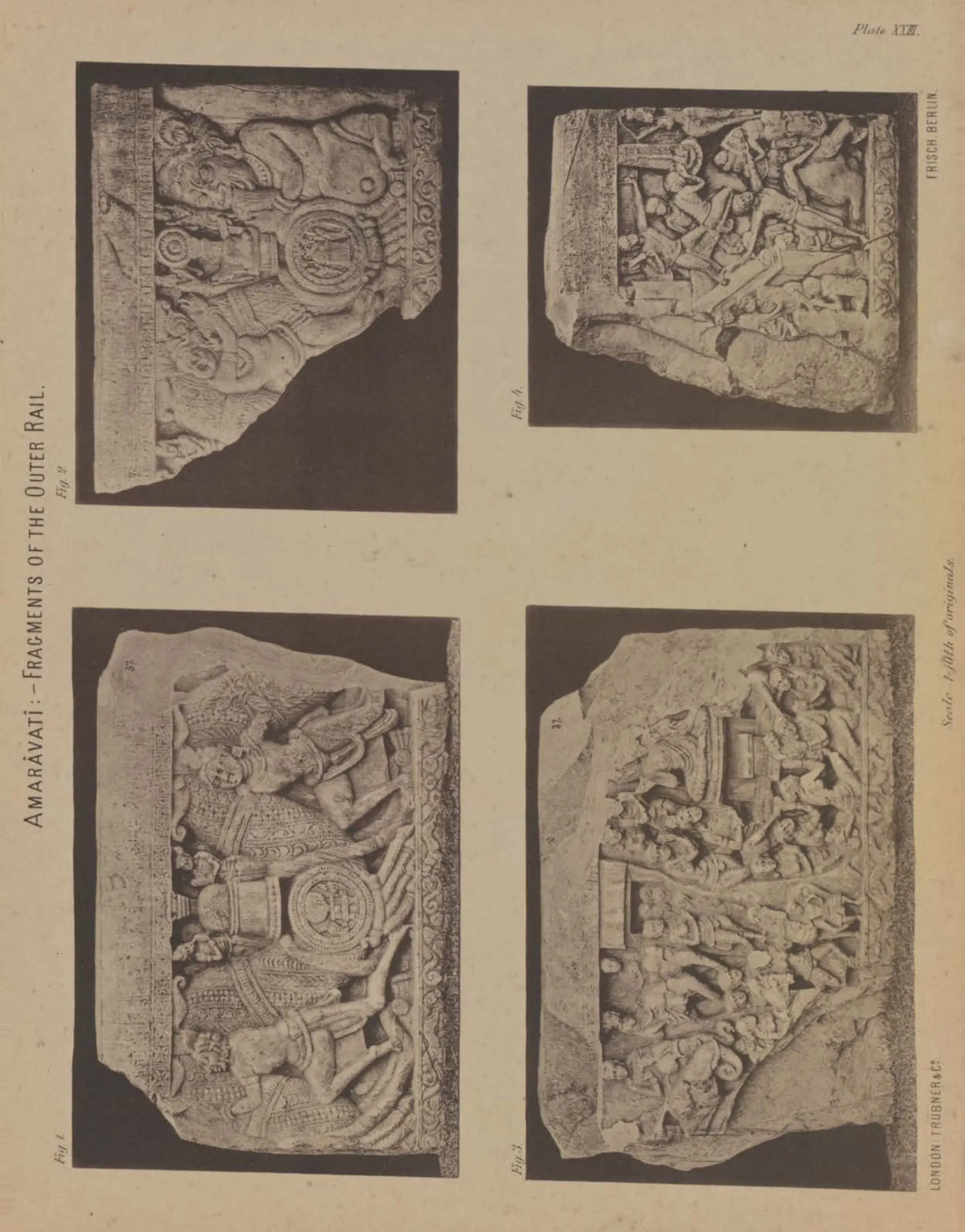 Collotype of four pieces of carved rail coping with figures and garlands.