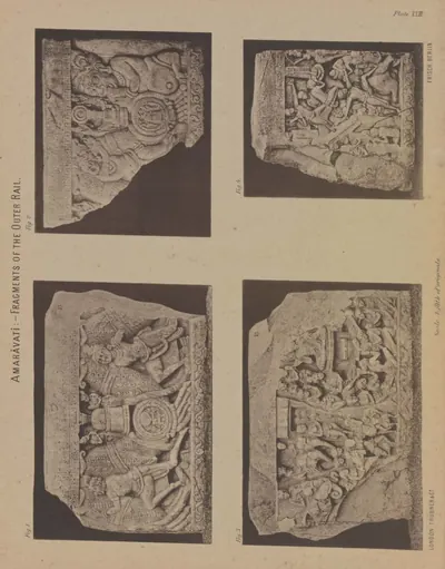 Collotype of four pieces of carved rail coping with figures and garlands.