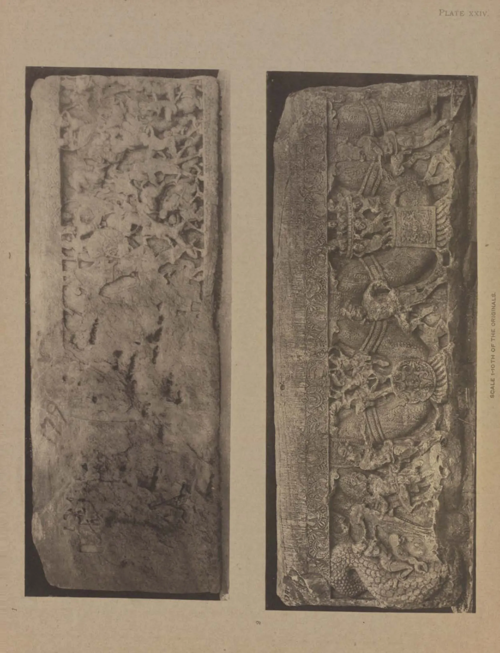 Collotype of both faces of a worn carved rail coping-stone.