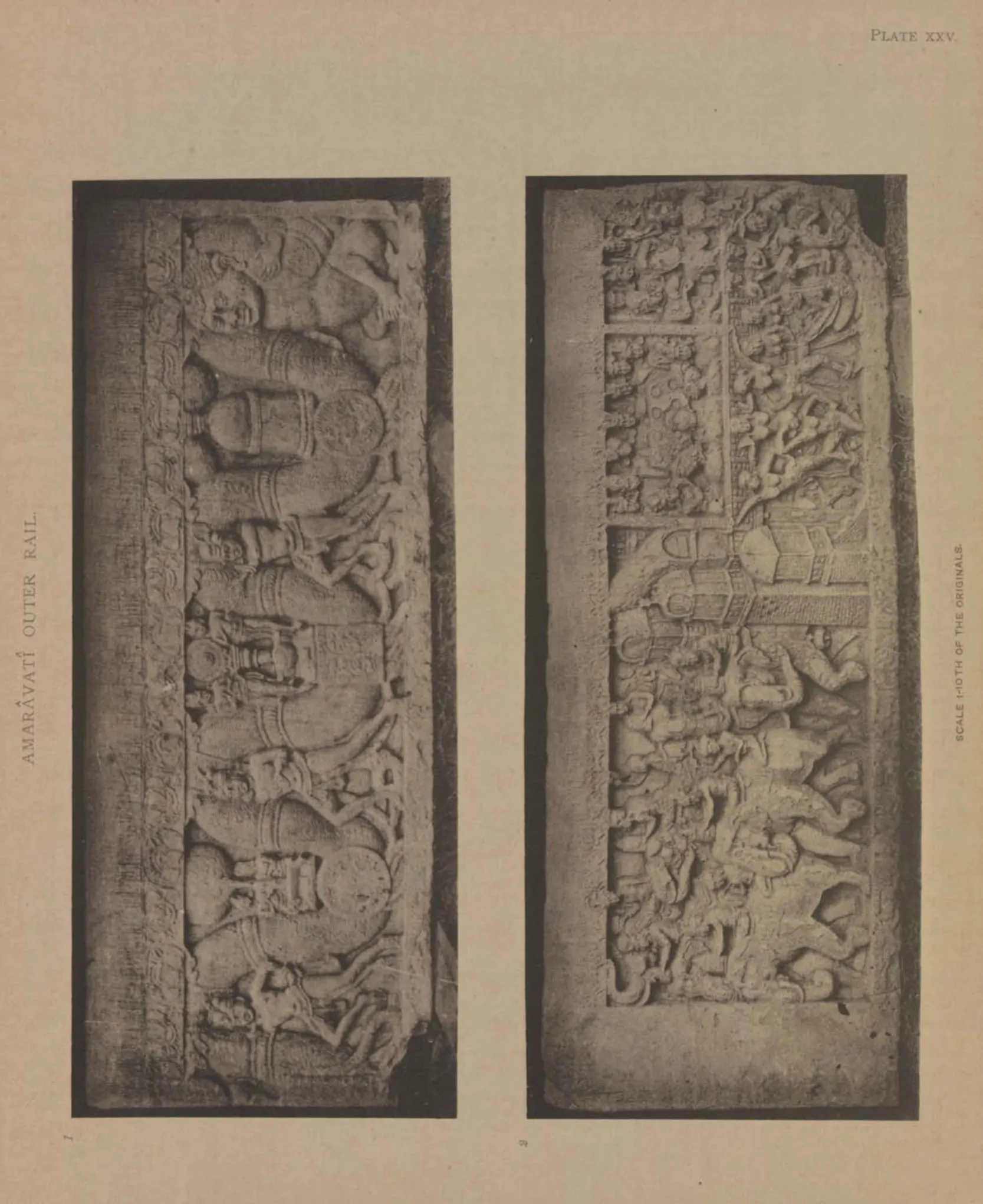 Collotype of both faces of a carved rail coping-stone with a garland and figures.