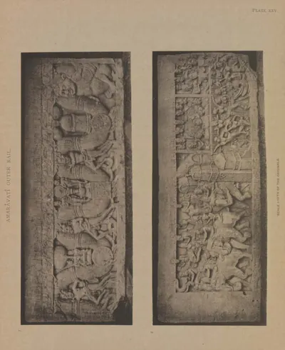 Collotype of both faces of a carved rail coping-stone with a garland and figures.