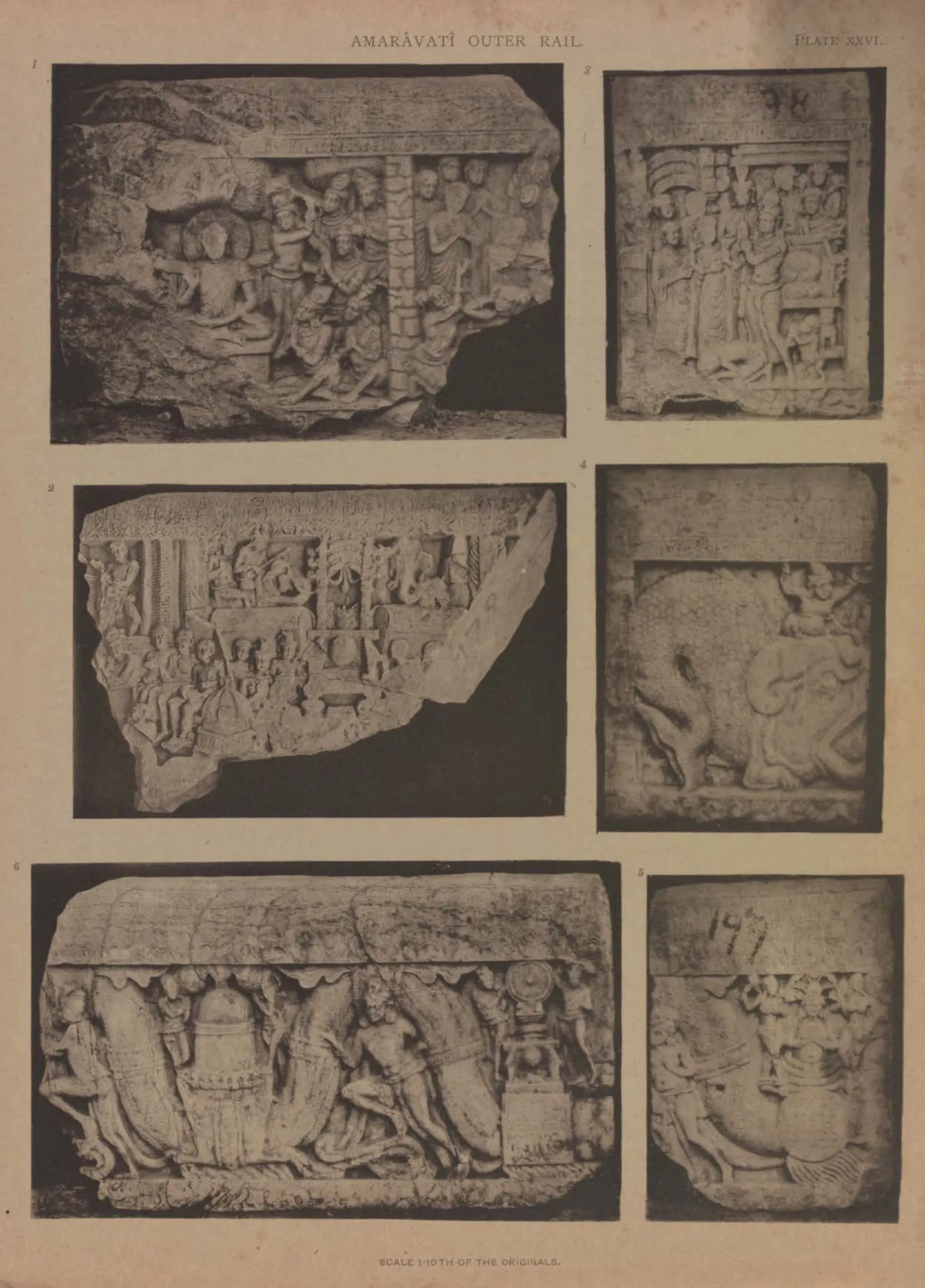 Collotype of six fragments of carved rail coping with figure scenes.