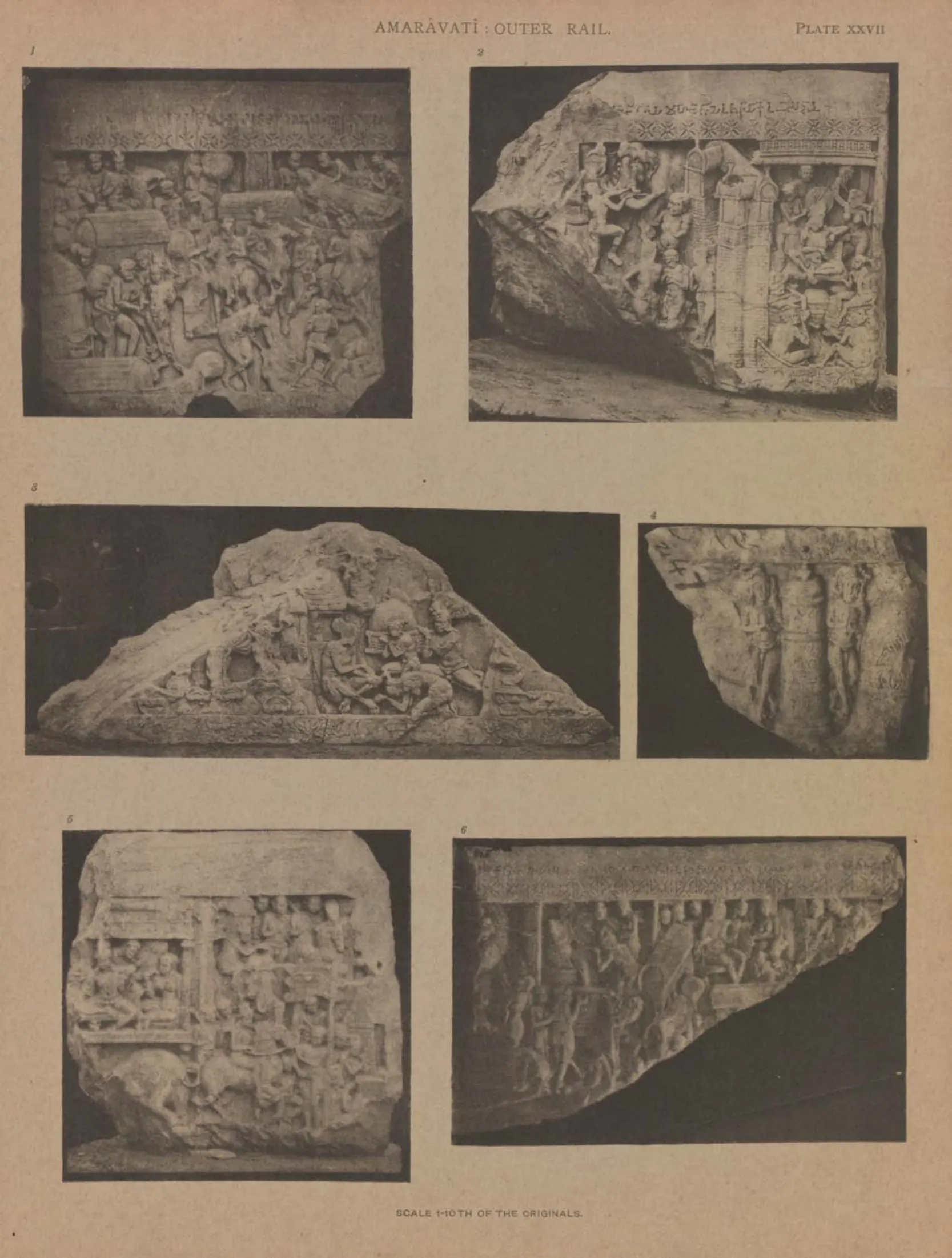 Collotype of six fragments of carved rail coping.