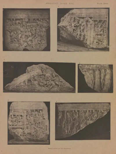 Collotype of six fragments of carved rail coping.