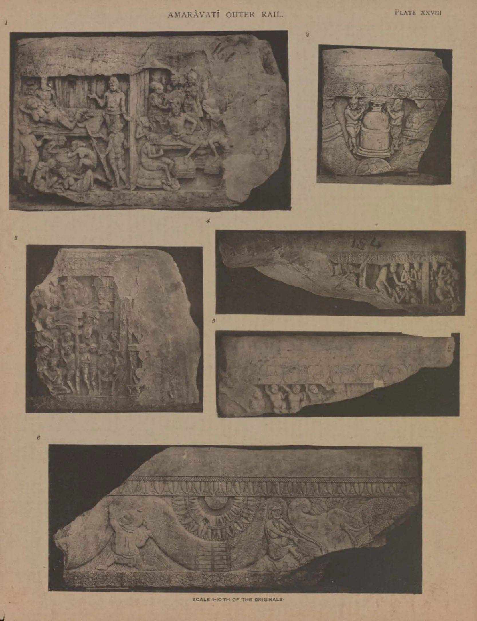 Collotype of five fragments of carved rail coping.