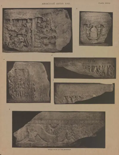 Collotype of five fragments of carved rail coping.