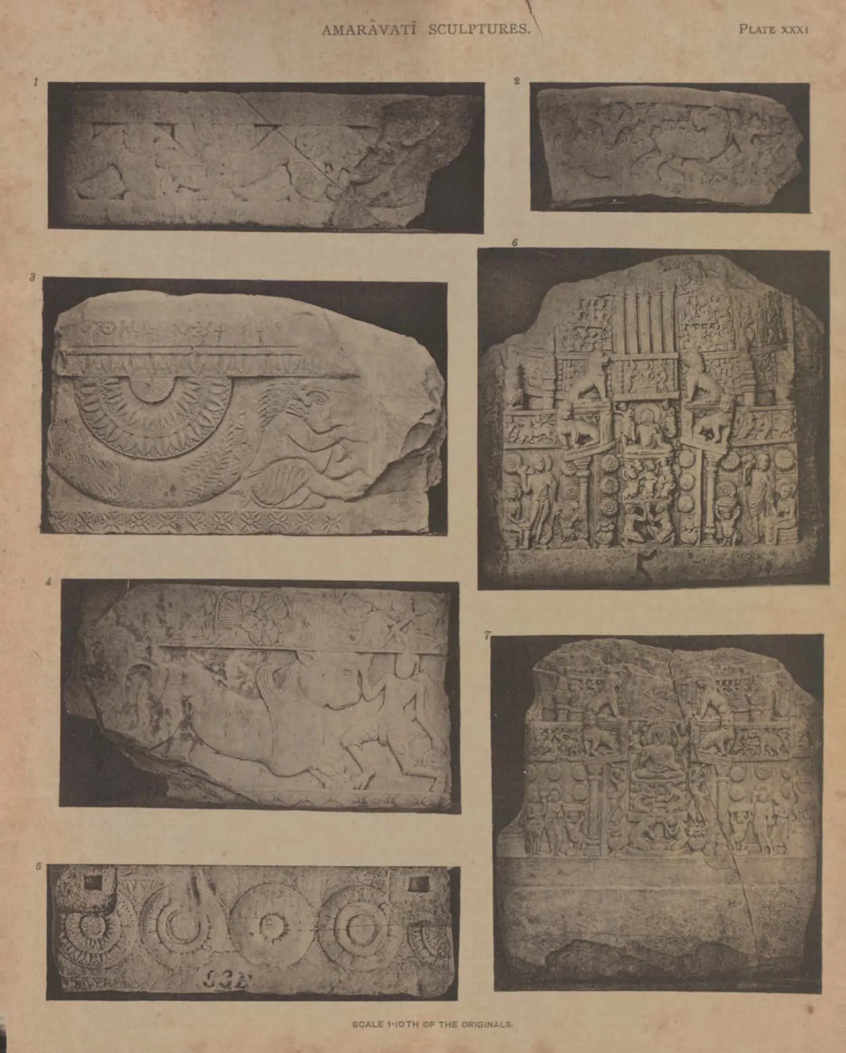Collotype of fragments of early coping and two slabs carved with stupas.