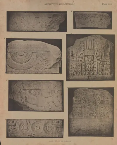 Collotype of fragments of early coping and two slabs carved with stupas.